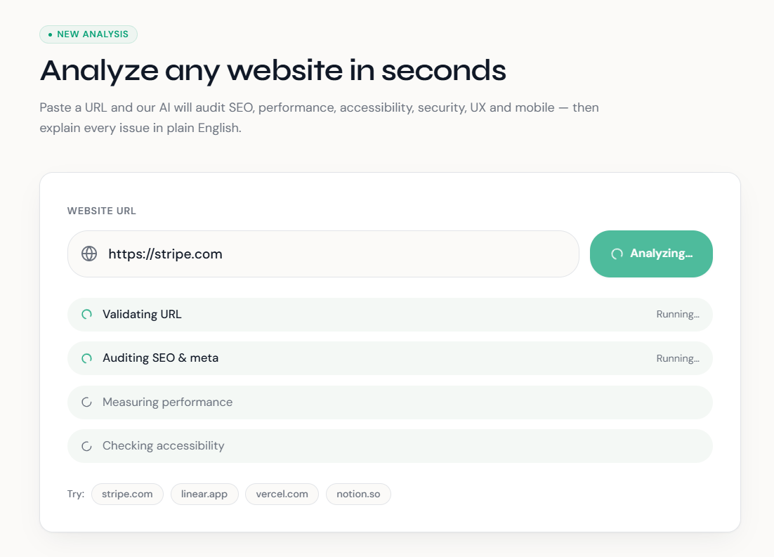 FixMySite AI analyzing a website in real time